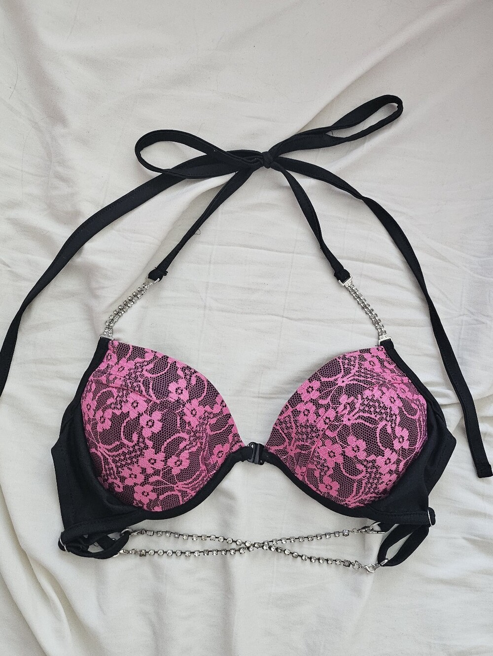 Rare Ma*rs Black & Hot Pink Lace Rhinestone Chain Halter Bra